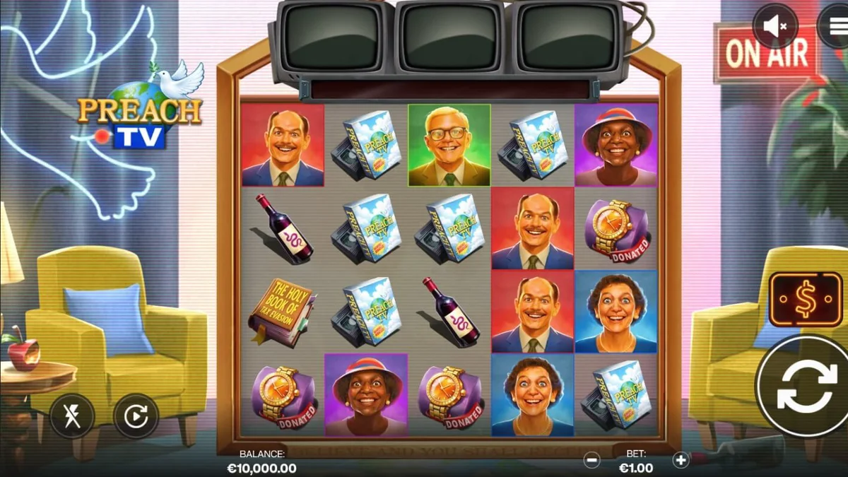 Preach TV slot game interface na nagpapakita ng 90s TV studio theme at mga bonus features.